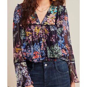 Anthropologie Vineet Bahl Long Sleeve Floral Metallic Blouse, XS